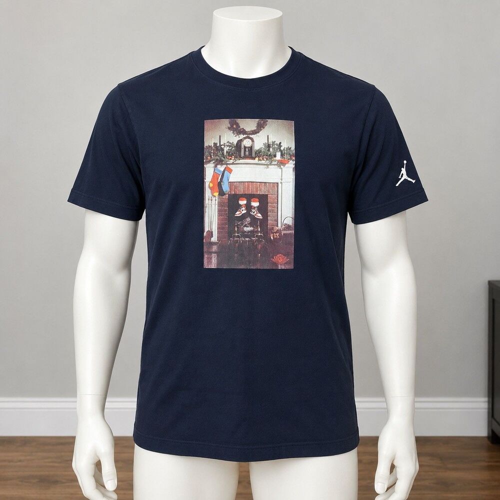 Jordan AJ1 Christmas Fireplace Graphic T Shirt Men S Black Holiday Streetwear